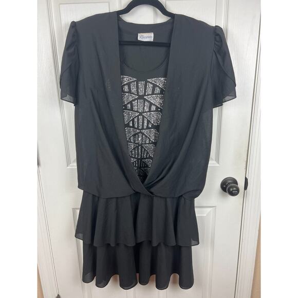 Vintage 80s Black and Silver Chiffon Drop Waist Tiered Skirt Dress 18/20 - Picture 7 of 7